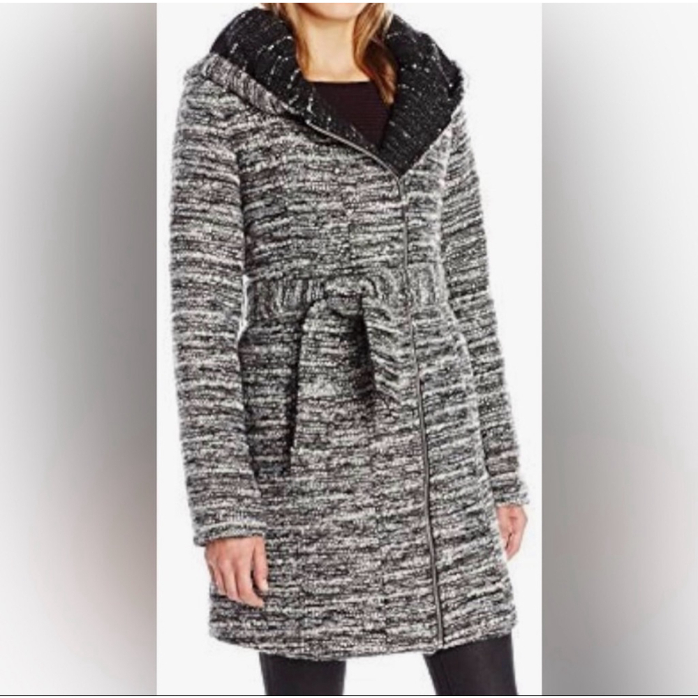 Catherine Malandrino Black White Boucle Hooded Belted Coat | Minimal Luxe Winter